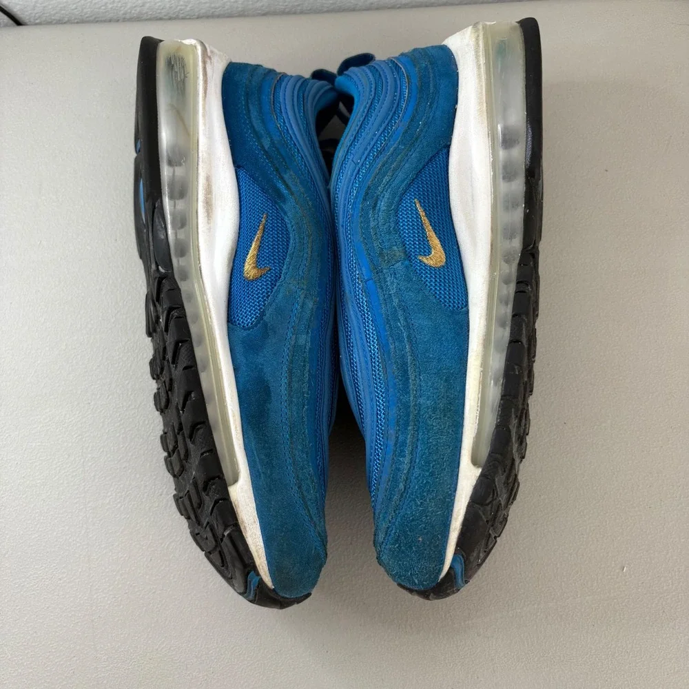 Nike Air Max 97 Blue Suede Mesh Sneakers Gold Swoosh CI3708-400 Mens 8